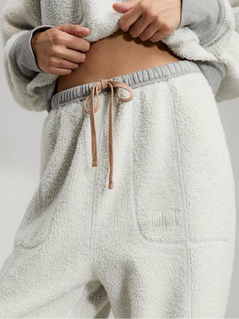 lunya Cream Sherpa Track Pants with Pink Drawstring
